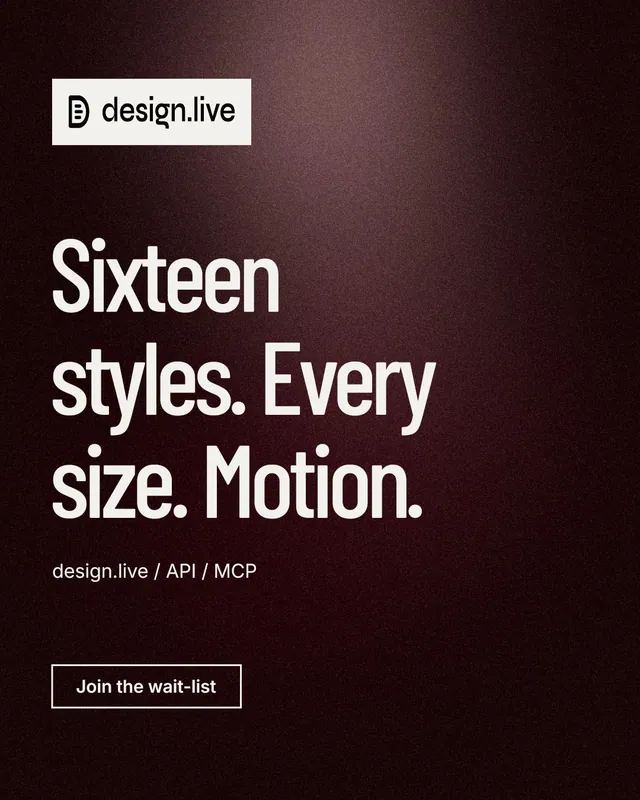 Instagram portrait post for design.live: "Sixteen styles. Every size. Motion." Dark deco style, announce layout, dark palette in red, black, grey.