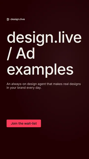 Video for design.live: "design.live / Ad examples". Doc motion loop, 6.0 s, dark palette.