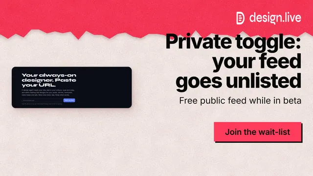 Landscape graphic for design.live: "Private toggle: your feed goes unlisted". Paper trio style, right layout, light palette in red, orange.