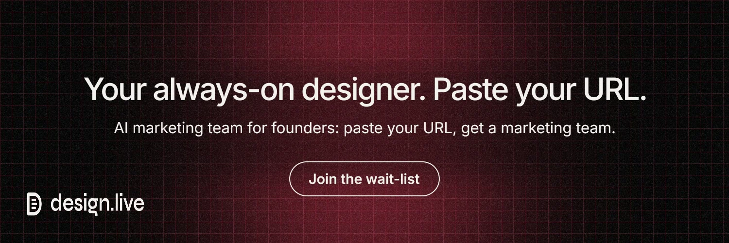 X header for design.live: "Your always-on designer. Paste your URL." Phosphor atlas style, centred layout, dark palette in black, red, grey.