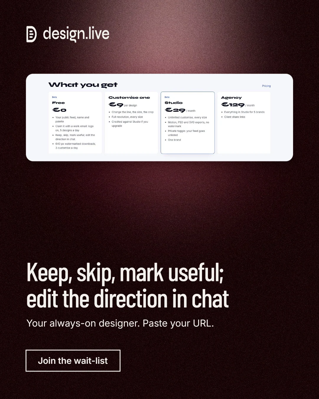 Instagram portrait post for design.live: "Keep, skip, mark useful; edit the direction in chat". Dark deco style, bottom layout, dark palette in black, red, white.
