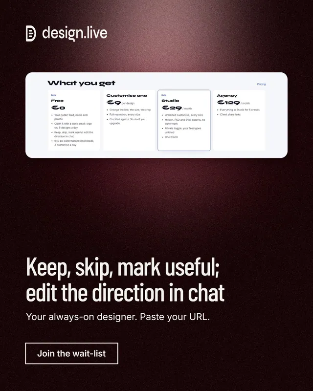 Instagram portrait post for design.live: "Keep, skip, mark useful; edit the direction in chat". Dark deco style, bottom layout, dark palette in black, red, white.