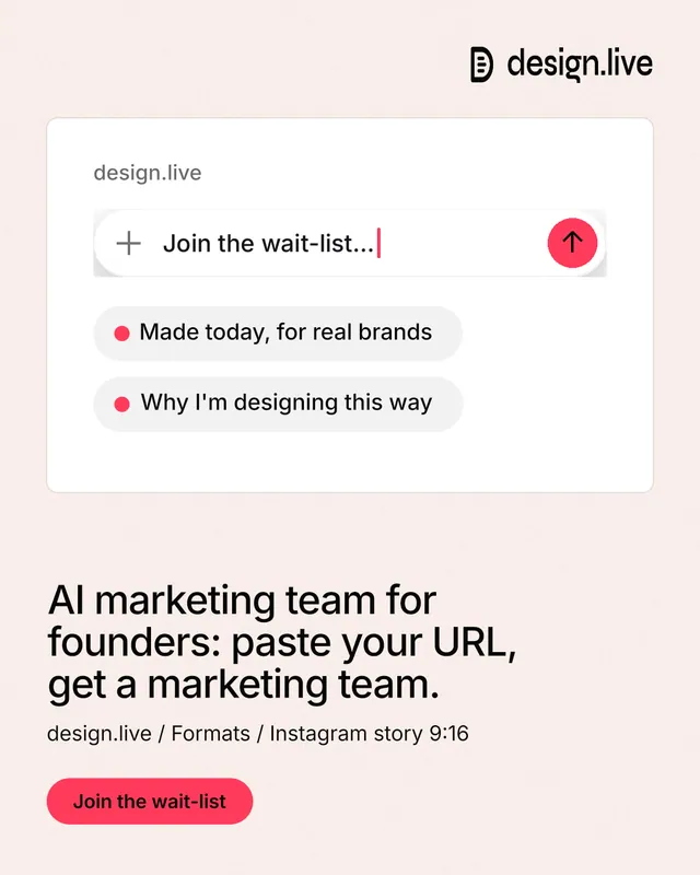 Instagram portrait post for design.live: "AI marketing team for founders: paste your URL, get a marketing team." Data card style, bottom layout, light palette in white, red.