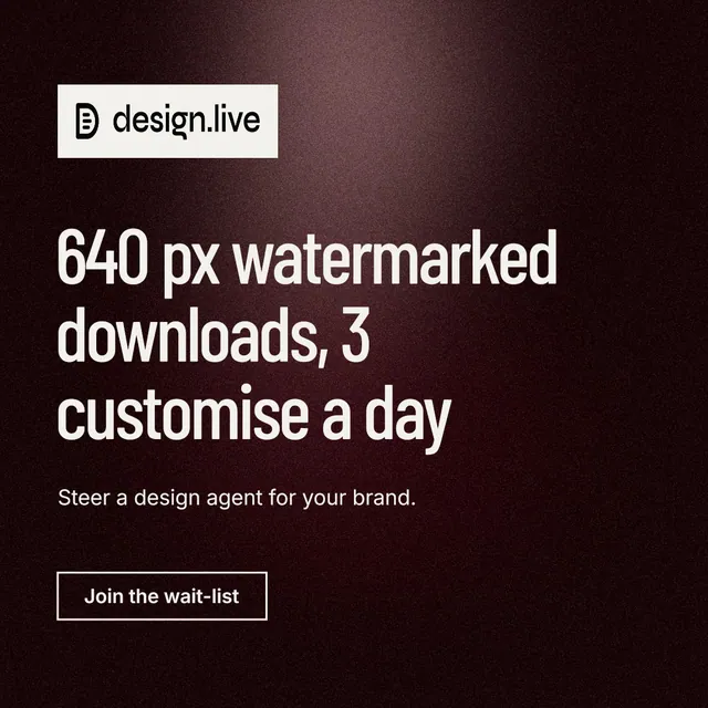 Instagram post for design.live: "640 px watermarked downloads, 3 customise a day". Dark deco style, announce layout, dark palette in black, red, grey.