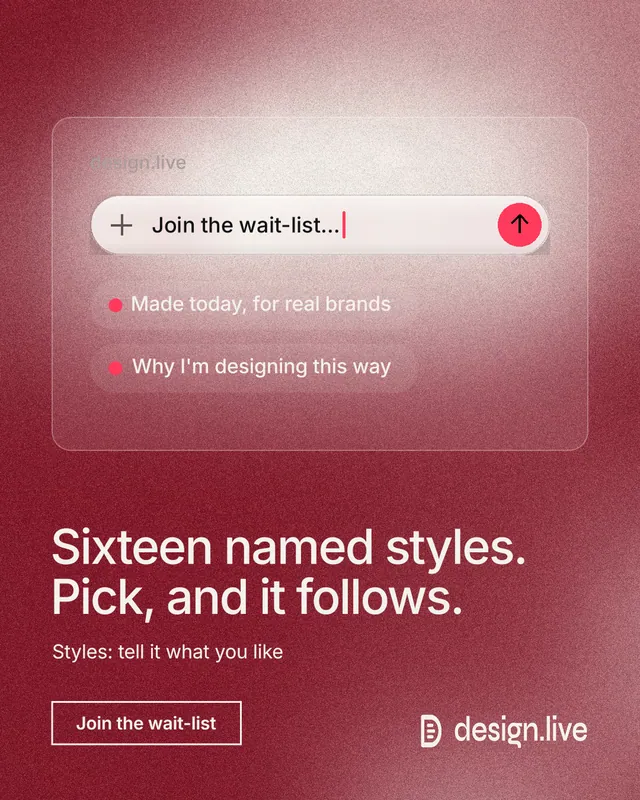 Instagram portrait post for design.live: "Sixteen named styles. Pick, and it follows." Cyanotype style, bottom layout, light palette in red.