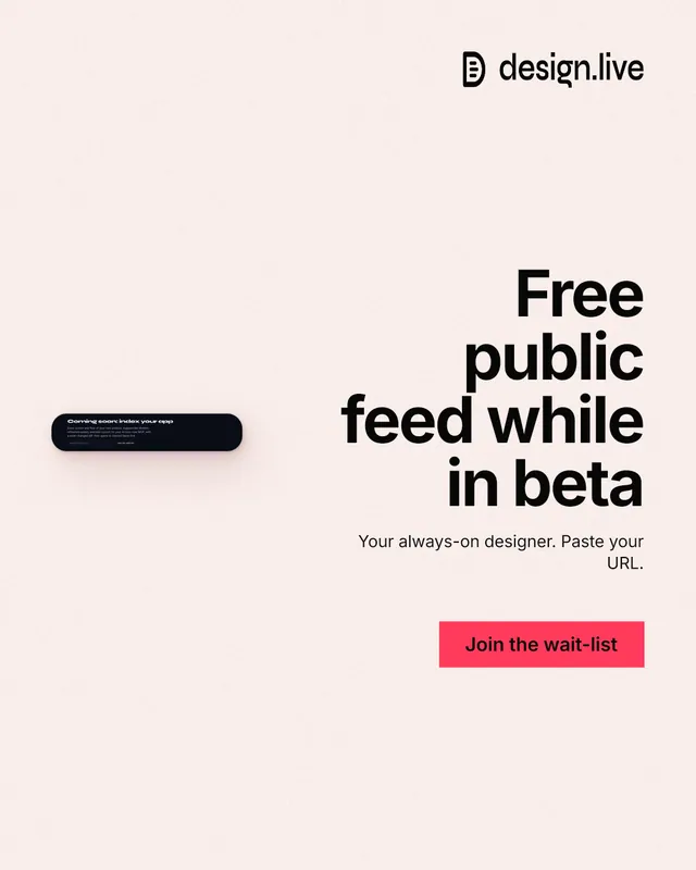 Instagram portrait post for design.live: "Free public feed while in beta". Swiss style, right layout, light palette in white, red.