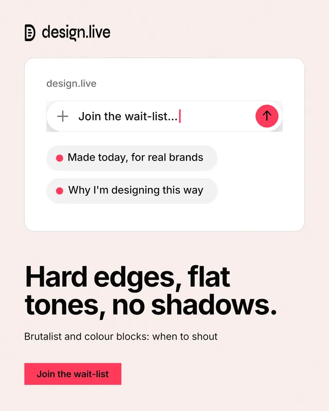 Instagram portrait post for design.live: "Hard edges, flat tones, no shadows." Swiss style, bottom layout, light palette in white, red.