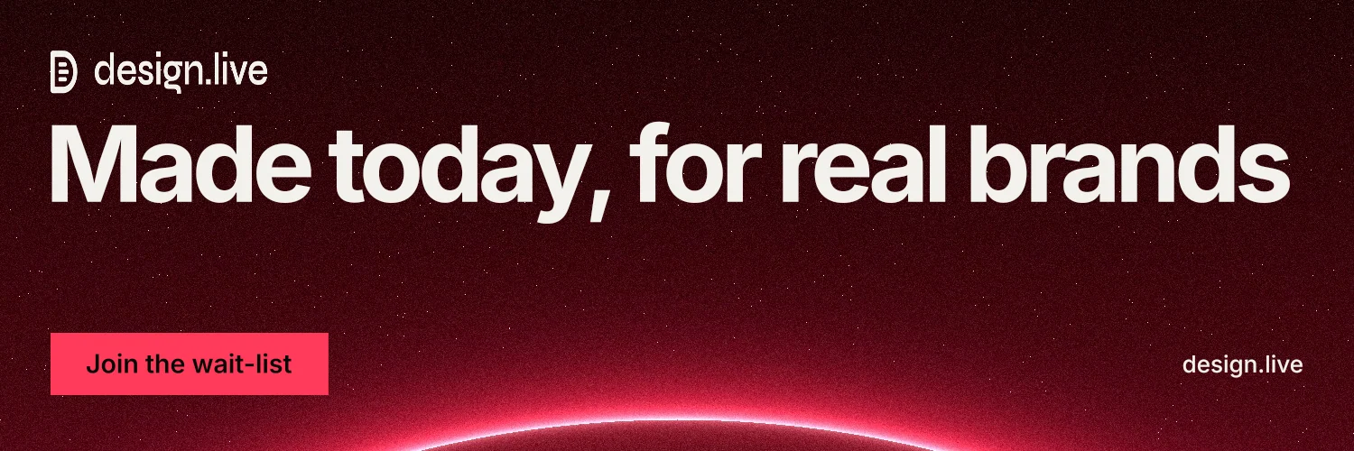 X header for design.live: "Made today, for real brands". Swiss style, poster layout, dark palette in black, red, grey.