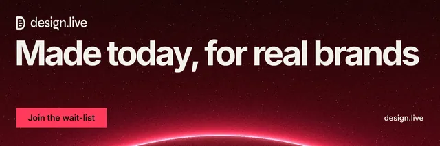 X header for design.live: "Made today, for real brands". Swiss style, poster layout, dark palette in black, red, grey.
