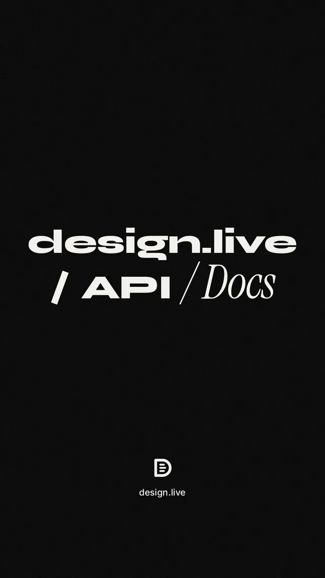 Instagram story for design.live: "design.live / API / Docs". Poster style, technique:mixed type lockup layout, dark palette in black.