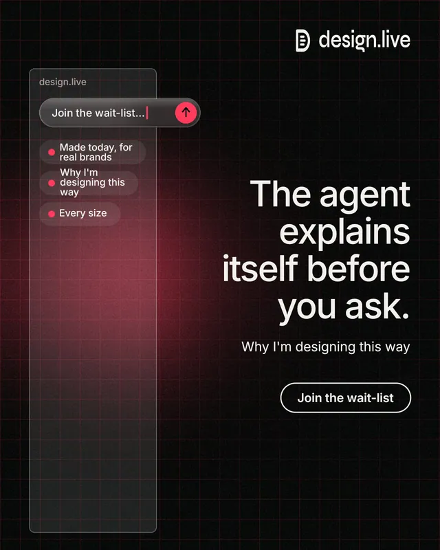 Instagram portrait post for design.live: "The agent explains itself before you ask." Phosphor atlas style, right layout, dark palette in black, red, grey.