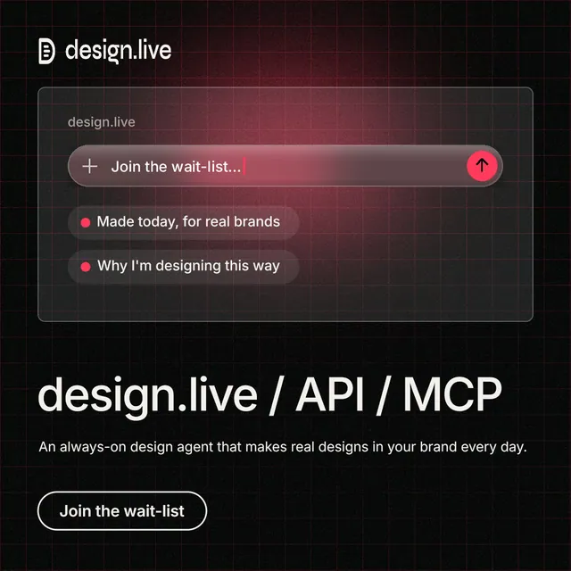 Instagram post for design.live: "design.live / API / MCP". Phosphor atlas style, bottom layout, dark palette in black, grey.