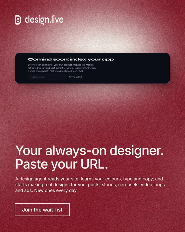 Instagram portrait post for design.live: "Your always-on designer. Paste your URL." Cyanotype style, bottom layout, dark palette in red.