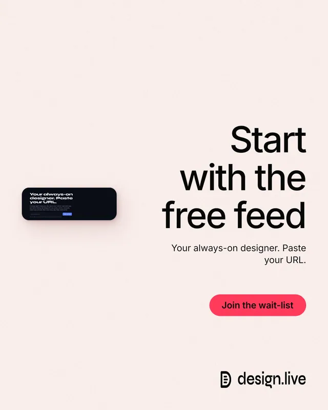 Instagram portrait post for design.live: "Start with the free feed". Data card style, right layout, light palette in white, grey.