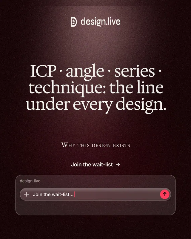 Instagram portrait post for design.live: "ICP · angle · series · technique: the line under every design." Dark deco style, smallcaps layout, dark palette in red, black, grey.