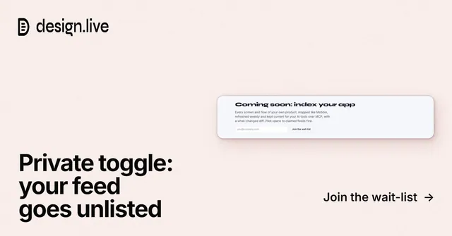 Social ad for design.live: "Private toggle: your feed goes unlisted". Swiss style, image led layout, light palette in white.