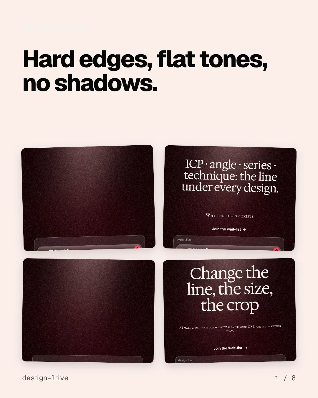 Carousel for design.live: "Hard edges, flat tones, no shadows.". Collection carousel, 8 slides, light palette.