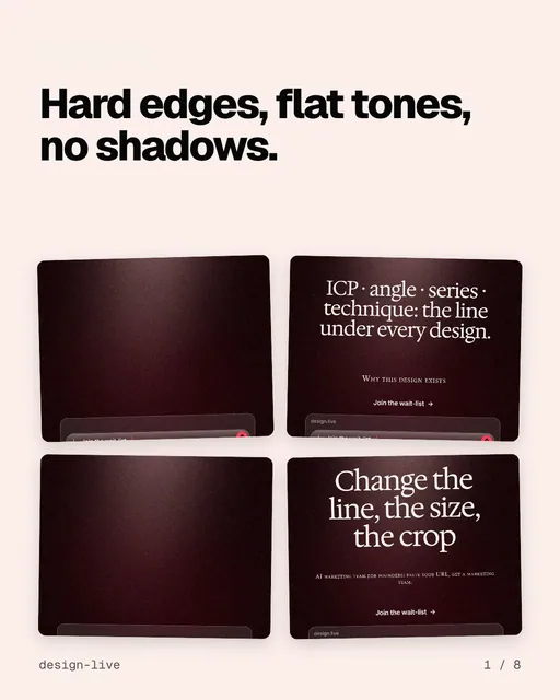 Carousel for design.live: "Hard edges, flat tones, no shadows.". Collection carousel, 8 slides, light palette.