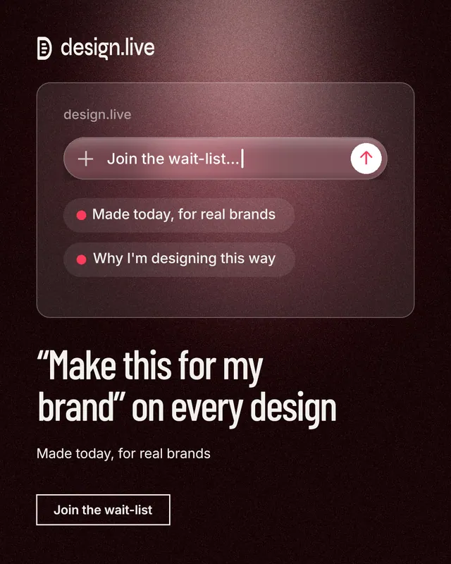 Instagram portrait post for design.live: "“Make this for my brand” on every design". Dark deco style, bottom layout, dark palette in black, red, grey.