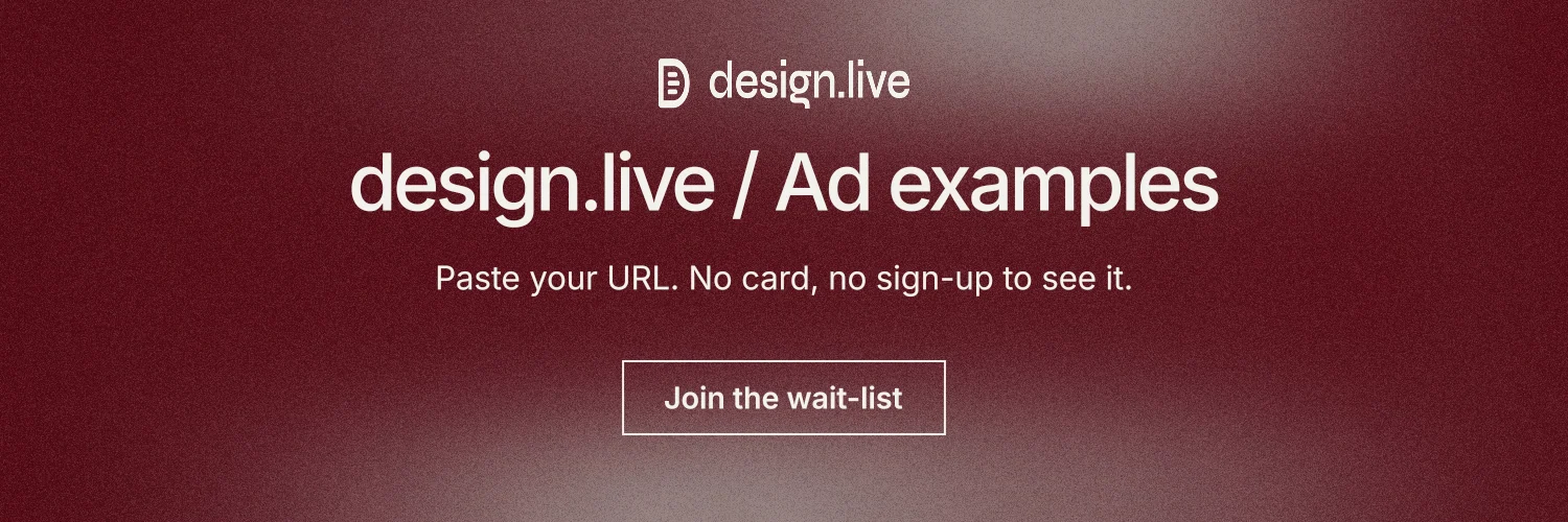 X header for design.live: "design.live / Ad examples". Cyanotype style, centred layout, dark palette in grey, red.