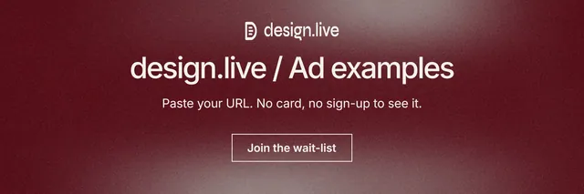 X header for design.live: "design.live / Ad examples". Cyanotype style, centred layout, dark palette in grey, red.