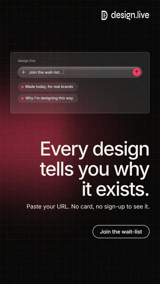 Instagram story for design.live: "Every design tells you why it exists." Phosphor atlas style, right layout, dark palette in black, red, grey.