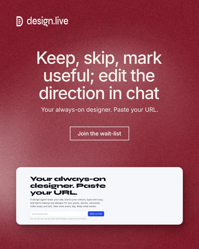 Instagram portrait post for design.live: "Keep, skip, mark useful; edit the direction in chat". Cyanotype style, centred layout, dark palette in red, white.