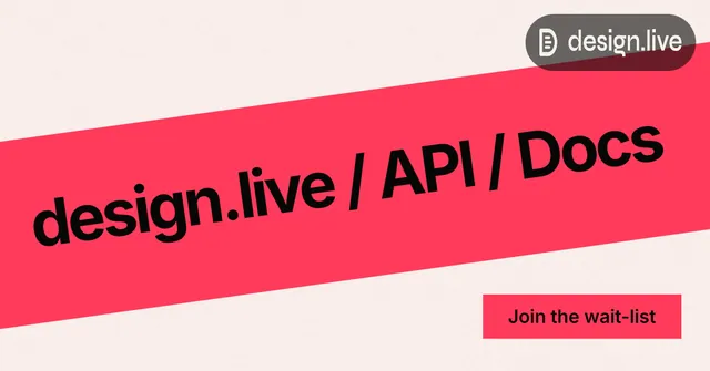 Social ad for design.live: "design.live / API / Docs". Swiss style, diagonal layout, light palette in white, red.