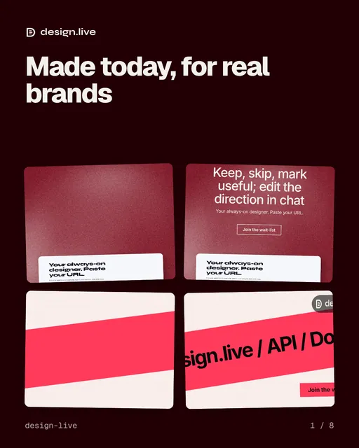 Carousel for design.live: "Made today, for real brands". Collection carousel, 8 slides, dark palette.
