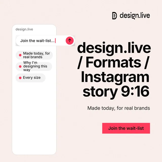 Instagram post for design.live: "design.live / Formats / Instagram story 9:16". Swiss style, right layout, light palette in white, grey.