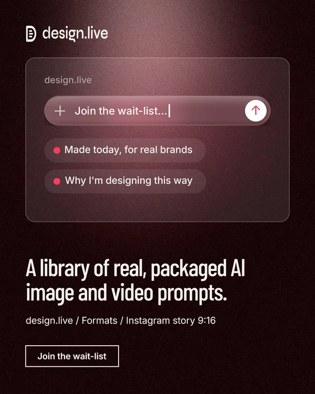 Instagram portrait post for design.live: "A library of real, packaged AI image and video prompts." Dark deco style, bottom layout, dark palette in black, red, grey.