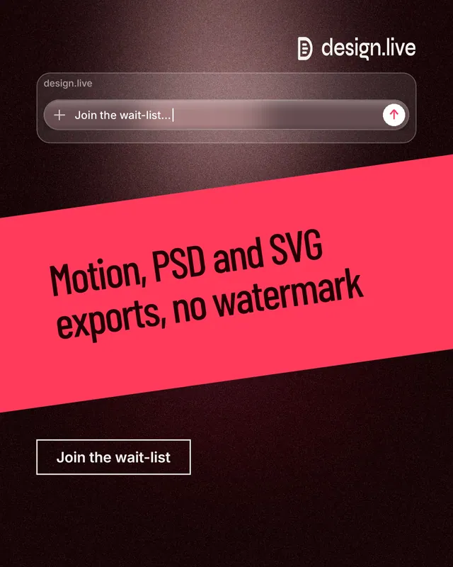 Instagram portrait post for design.live: "Motion, PSD and SVG exports, no watermark". Dark deco style, diagonal layout, dark palette in black, red.