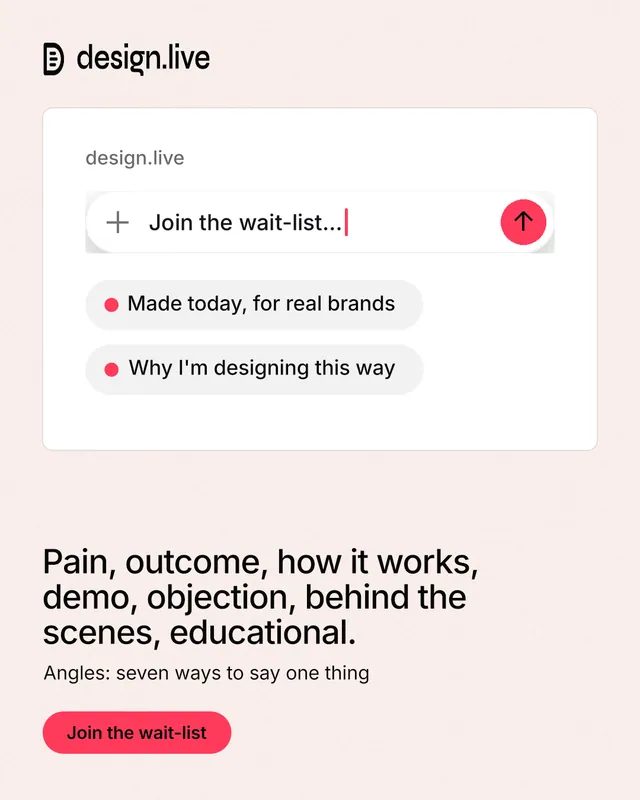 Instagram portrait post for design.live: "Pain, outcome, how it works, demo, objection, behind the scenes, educational." Data card style, bottom layout, light palette in white, red.