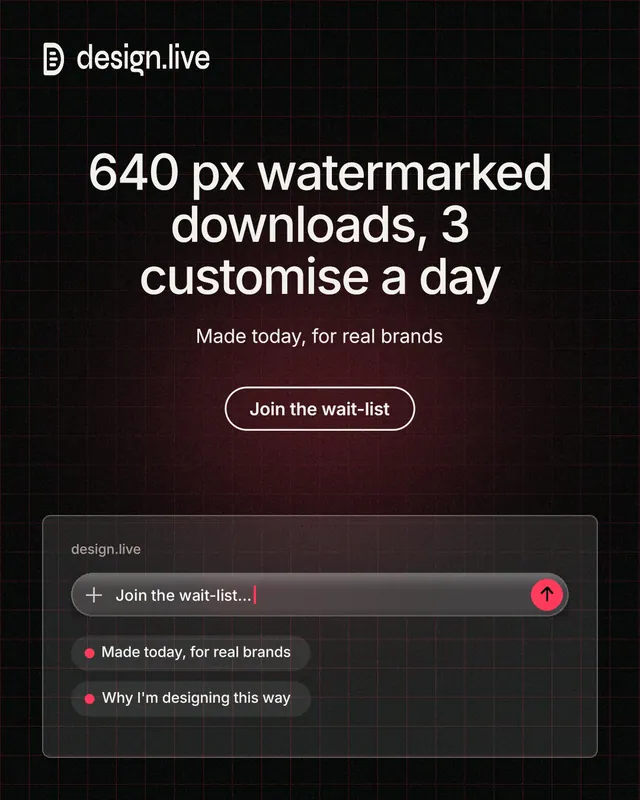 Instagram portrait post for design.live: "640 px watermarked downloads, 3 customise a day". Phosphor atlas style, centred layout, dark palette in black, red, grey.