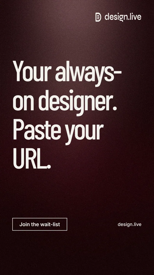 Instagram story for design.live: "Your always-on designer. Paste your URL." Dark deco style, poster layout, dark palette in red, black, grey.