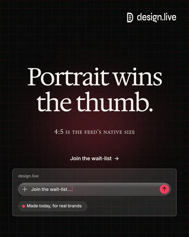 Instagram portrait post for design.live: "Portrait wins the thumb." Phosphor atlas style, smallcaps layout, dark palette in black, grey.