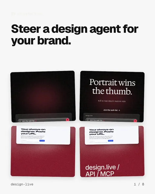 Carousel for design.live: "Steer a design agent for your brand.". Collection carousel, 8 slides, light palette.