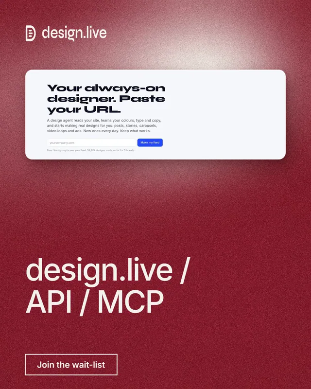 Instagram portrait post for design.live: "design.live / API / MCP". Cyanotype style, bottom layout, dark palette in red, white.