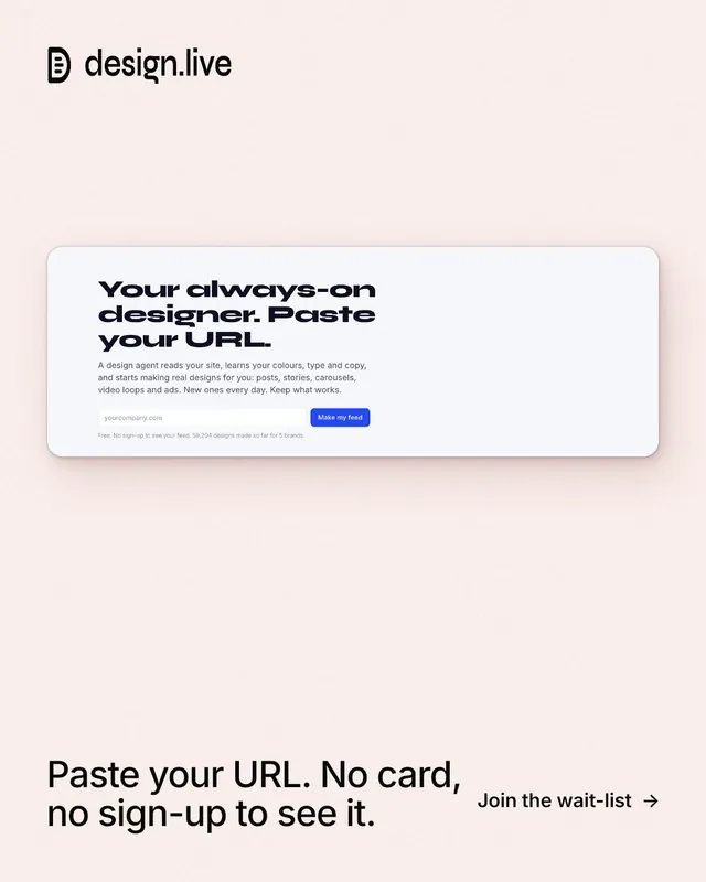 Instagram portrait post for design.live: "Paste your URL. No card, no sign-up to see it." Data card style, image led layout, light palette in white.