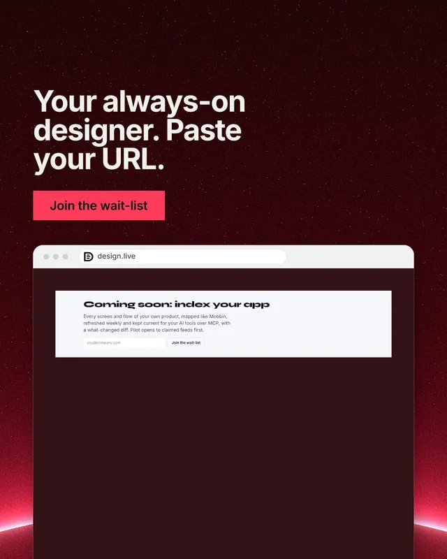 Instagram portrait post for design.live: "Your always-on designer. Paste your URL." Swiss style, browser layout, dark palette in red, black, grey.