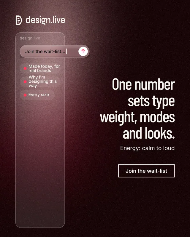 Instagram portrait post for design.live: "One number sets type weight, modes and looks." Dark deco style, right layout, dark palette in black, red, grey.