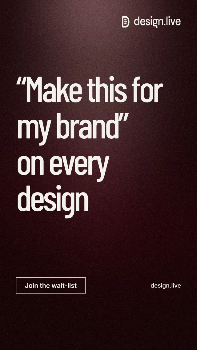 Instagram story for design.live: "“Make this for my brand” on every design". Dark deco style, poster layout, dark palette in red, black, grey.
