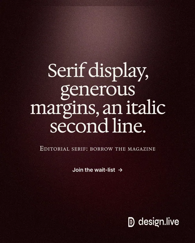 Instagram portrait post for design.live: "Serif display, generous margins, an italic second line." Dark deco style, smallcaps layout, dark palette in black, grey, red.