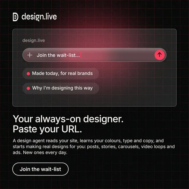 Instagram post for design.live: "Your always-on designer. Paste your URL." Phosphor atlas style, bottom layout, dark palette in black, grey.