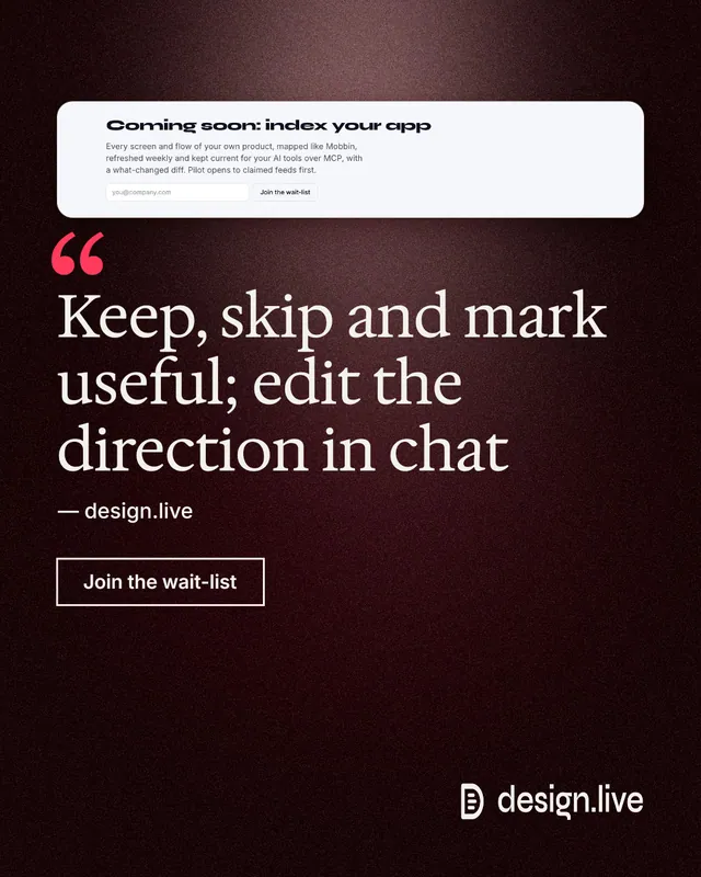 Instagram portrait post for design.live: "Keep, skip and mark useful; edit the direction in chat". Dark deco style, quote layout, dark palette in red, black, grey.