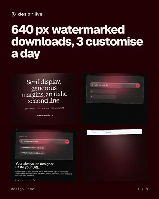 Carousel for design.live: "640 px watermarked downloads, 3 customise a day". Collection carousel, 8 slides, dark palette.