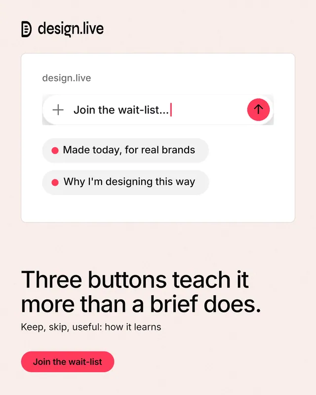 Instagram portrait post for design.live: "Three buttons teach it more than a brief does." Data card style, bottom layout, light palette in white, red.