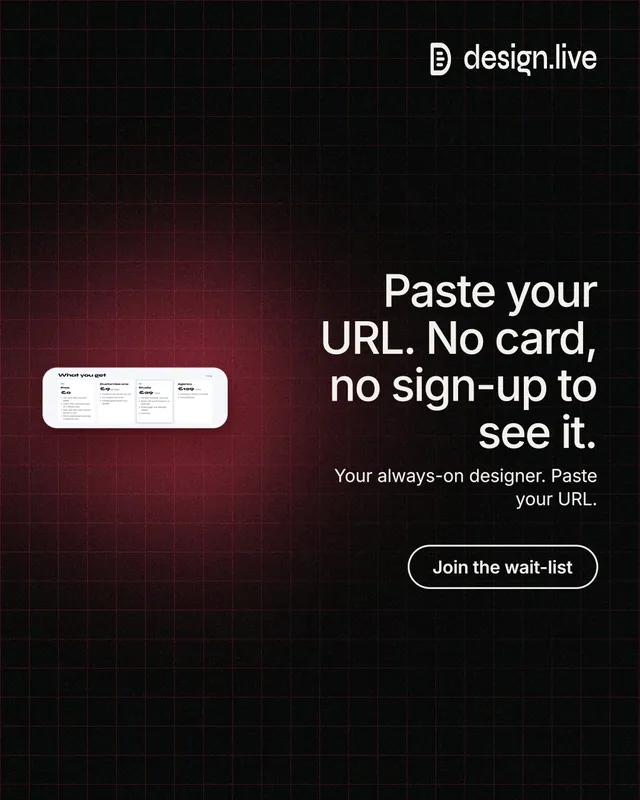 Instagram portrait post for design.live: "Paste your URL. No card, no sign-up to see it." Phosphor atlas style, right layout, dark palette in black, grey.