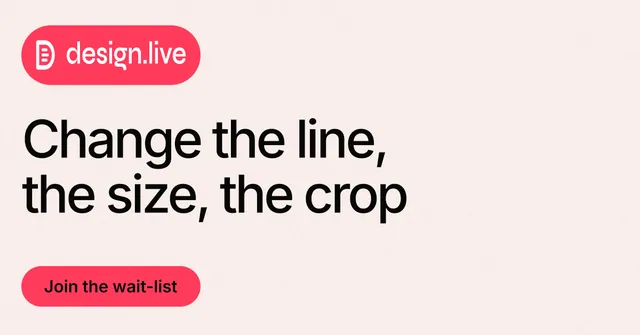Social ad for design.live: "Change the line, the size, the crop". Data card style, announce layout, light palette in white, red.