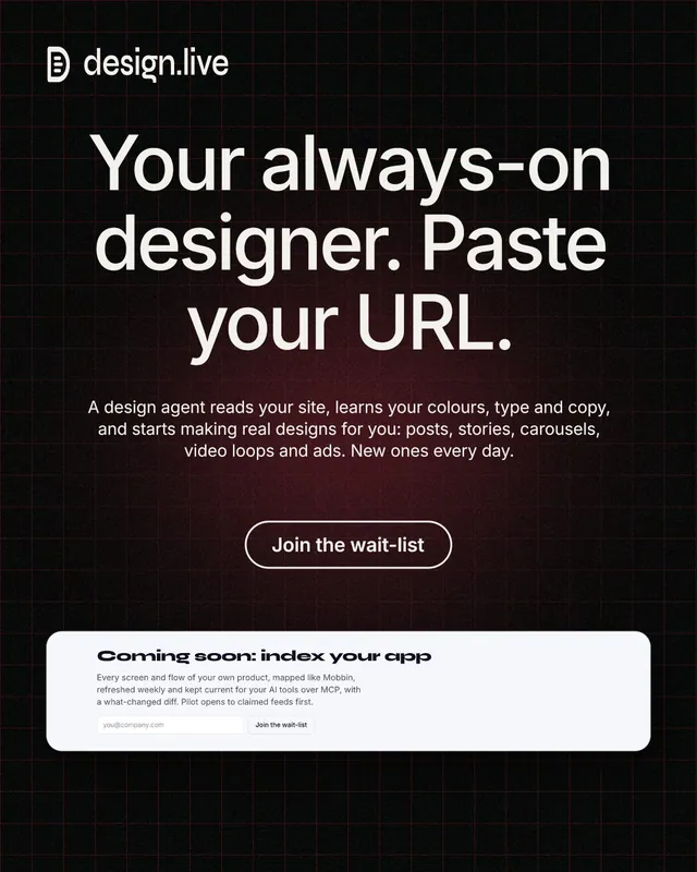Instagram portrait post for design.live: "Your always-on designer. Paste your URL." Phosphor atlas style, centred layout, dark palette in black, grey.